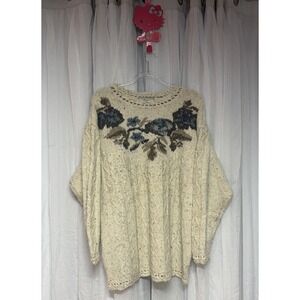 VTG Cream Cable Knit Sweater Women 18/20 Floral Yoke Angora Blend Chunky Cozy